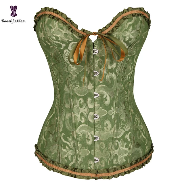 7 Colors Can Be Chosen Women Body Shaper Size XS To 6XL Vintage Pleated Corset Bustier With G String 810# Green
