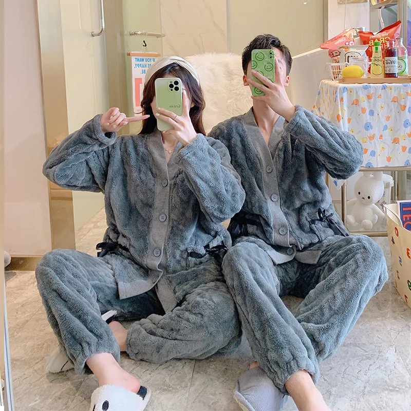 

Couple Velvet Pajamas Set Autumn Winter Thick Warm Flannel Lover Home Clothes Men And Women Loose Casual Sleepwear Leisure Suit