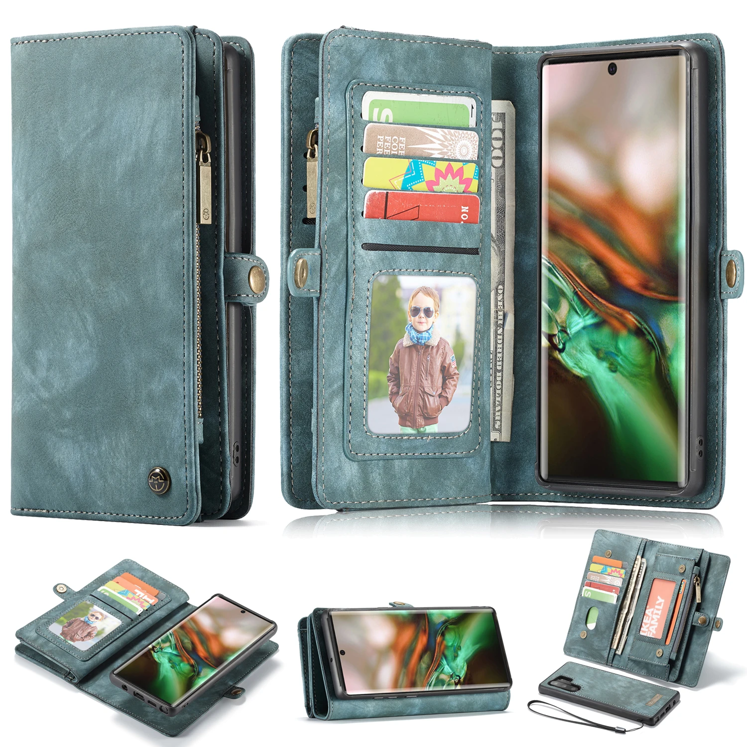 

Zipper Detachable Leather Wallet Cover Case for Samsung Note 10 Full Protection Card Case with Lanyard for Samsung Note 10 Plus