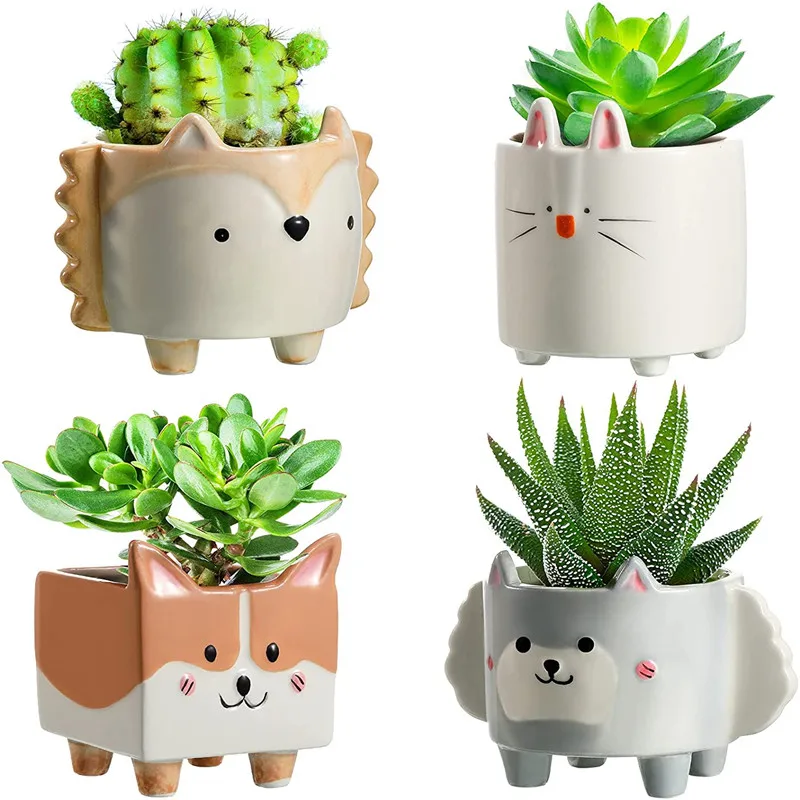 Cute Cartoon Succulent Planters Ceramic Flower Pot Hedgehog Bunny Puppy Small Animal Pottery for Home Tabletop Decor | Дом и сад