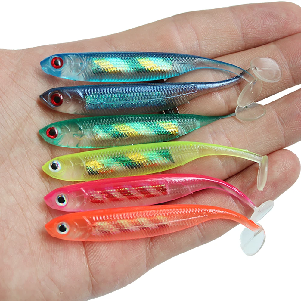 5pcs/12pcs 7cm 2g Wobbler Fishing Lure Rainbow Shiner Bait T Tail Bionic Soft Silicon Artificial Realistic Fishing Accessories