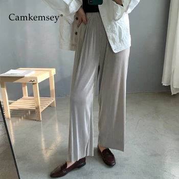 

CamKemsey Fashion Sashes Pit Stripe Ankle Length Wide Leg Pants Women 2020 Spring Elastic High Waist Casual Pants