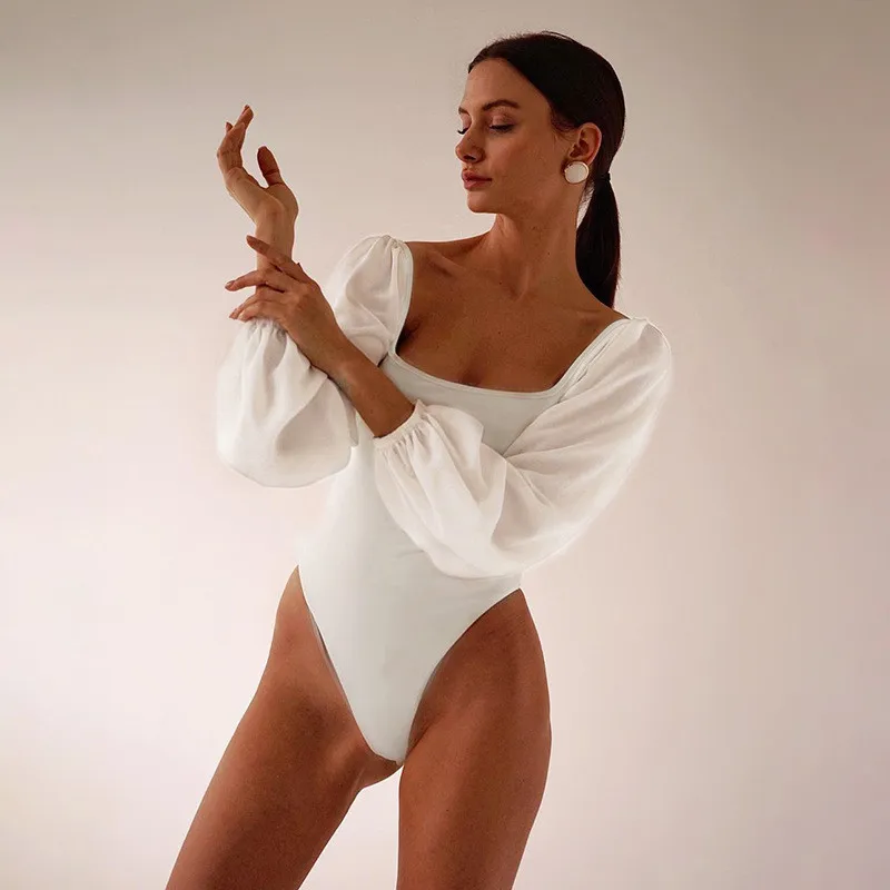 Nadafair Long Sleeve Puff Bodysuit Women Solid Square Collar Black Sexy Bodysuit For Woman Backless White Body Female