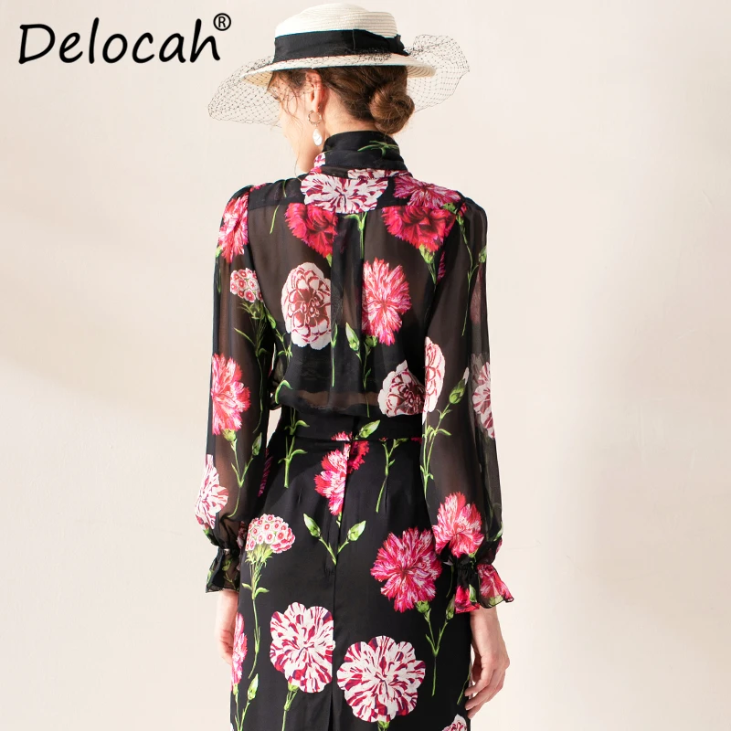 Delocah, осенне-зимняя женская рубашка, подиумная, модная, дизайнерская, с длинным рукавом, с цветочным принтом, шелк, современные, тонкие, новые блузки
