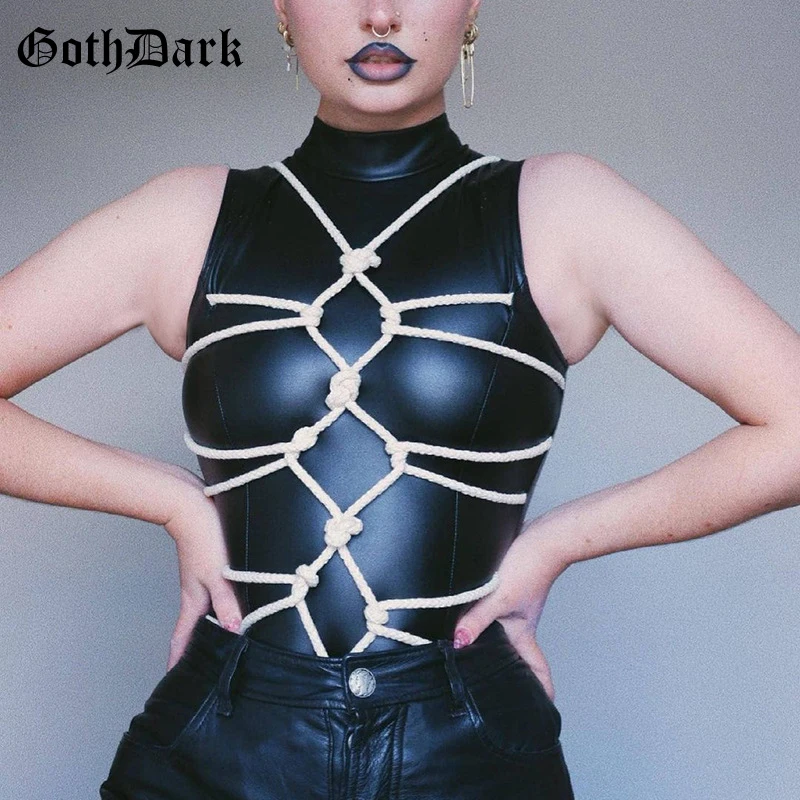 Женский облегающий боди Goth Dark черный из искусственной кожи Pu в готическом стиле
