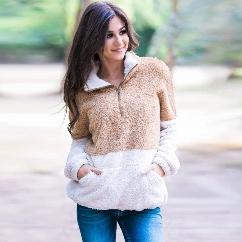 

Women Warm Fluffy Sweatshirt Fleeces Zipped Turtleneck Contrast Color Patchwork Pullovers Tops Autumn Winter Casual Top Female