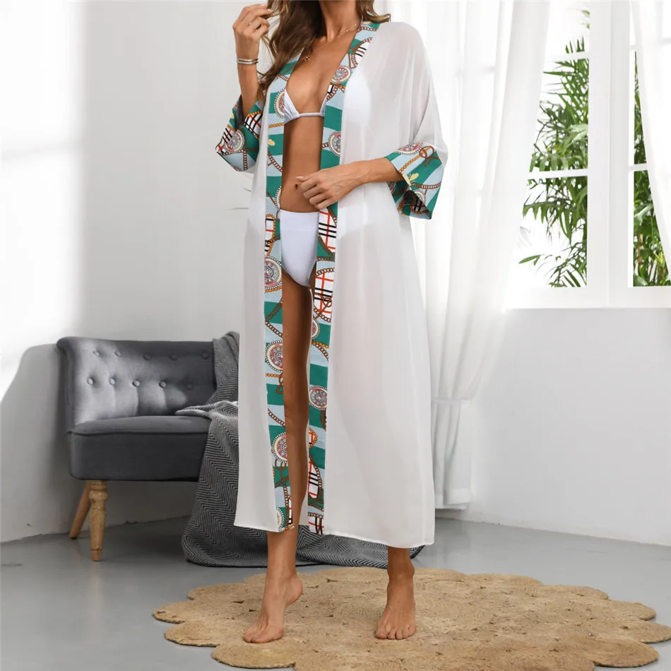 Summer White Beach Sunscreen Clothing Loose Sexy Perspective Vacation Beach Cover Up Women Swimsuit Long Coat with Jewelry