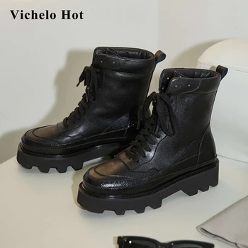 

Vichelo Hot new motorcycle boots genuine leather coolest round toe thick med heel lace up young girls daily wear ankle boots L56
