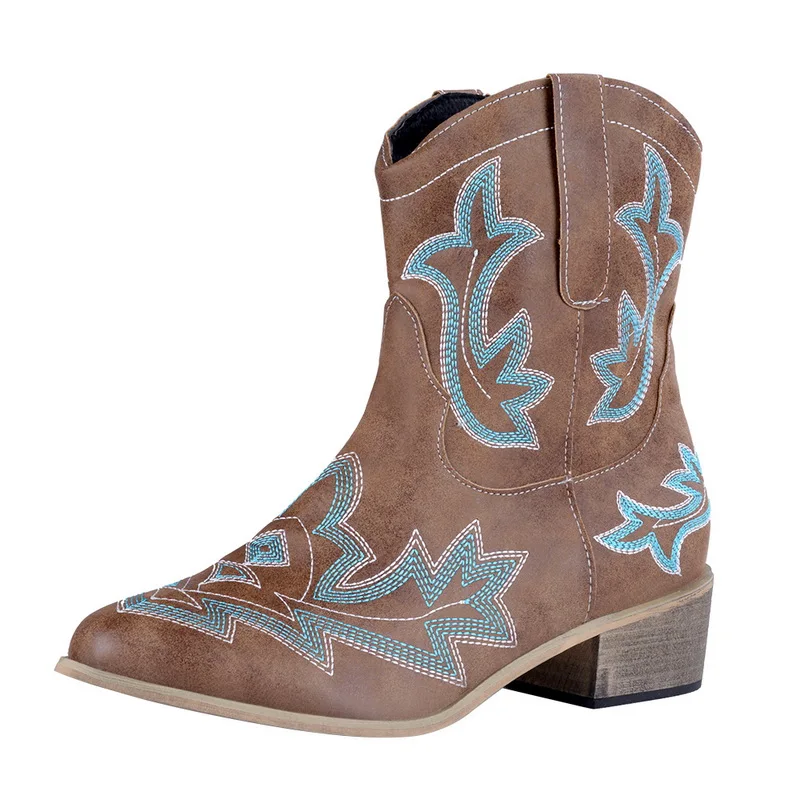 

Embroidery botas mujer Faux Leather Cowboy Ankle Boots for Women Wedge High Heel Boots Handmade Western Cowgirl Boots 2019