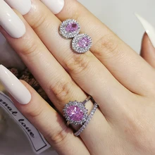 

2pcs Pack silver color bride Cushion Cut Zircon Jewelry Set Engagement Ring Stud Earring For Women Gift J7013-pink