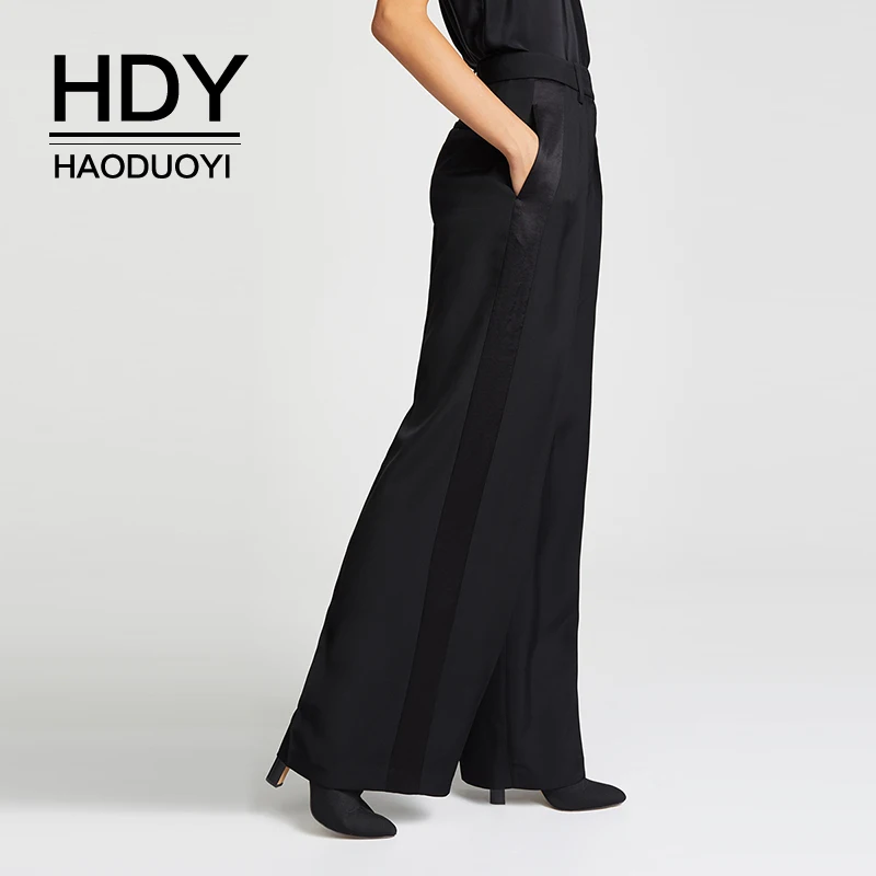 HDY Haoduoyi 2019 Женские черные с завышенной талией полная длина широкие свободные