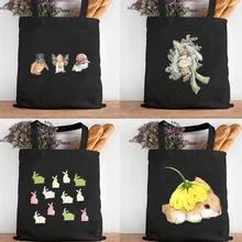 Cute Cartoon Rabbit Black Shopping Bags Large Capacity Handbags Female Vintage Aesthetic Student Handbag Canvas Tote Bag