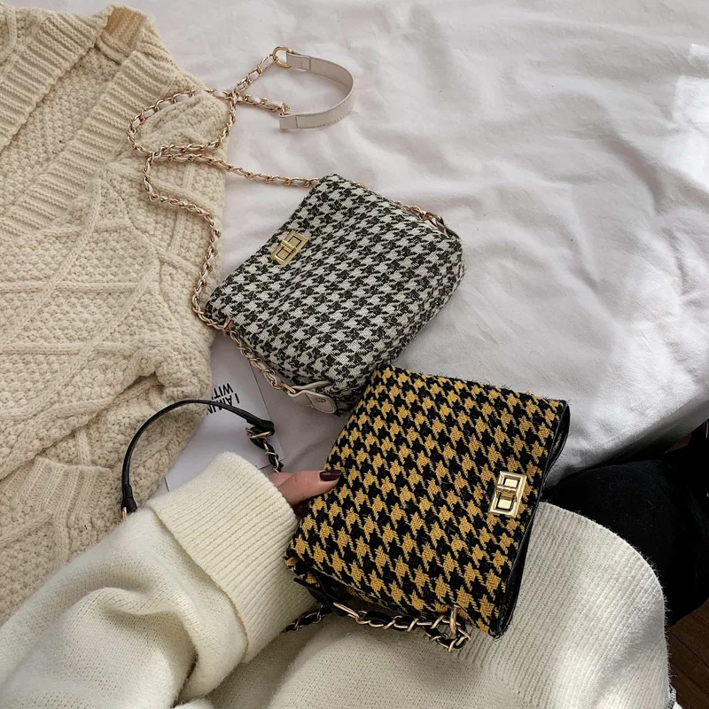 

2019 Winter New Style WOMEN'S Bag British-Style Lock Bucket Bag Chain Shoulder Thousands of Birds Woolen Korean Style Bucket Bag