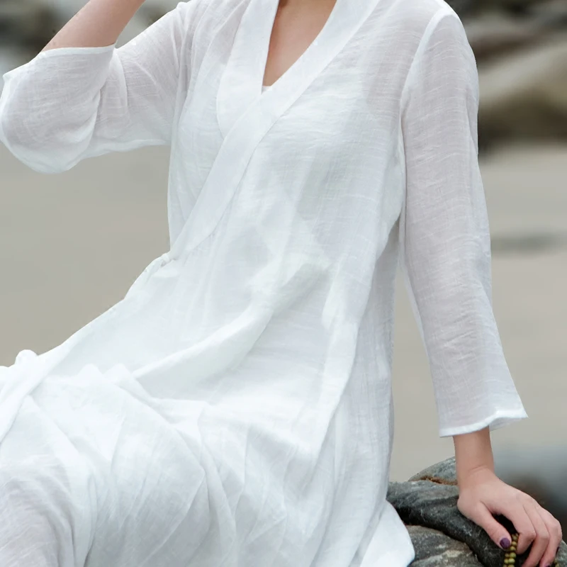 Китайское платье cheongsam qipao tang костюм чистый белый дзен медитация чай платье Одежда Женская хлопковая одежда халат