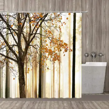 

Shower Curtain Fall Trees Print Mom Gift Ideas Polyester Fabric Hooks Included, Brown Beige 70x70 with 12 Hooks