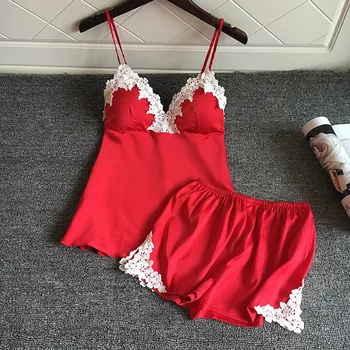 

2019 NEWSummer Red Silk Pajamas For Women Pijama Satin Sleepwear Sexy Pajama Sets 2 Piece Set Short Pants Pyjamas With Chest Pad