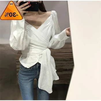 

and Autumn Spring Korean Style Women Shirt New Cotton Wild Fashion Blouses and Tops Female V-neck Solid Color Shirts