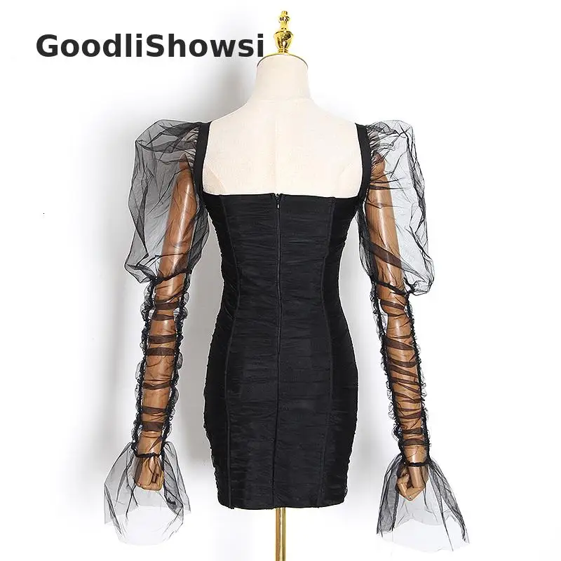GoodliShowsi, Сексуальные вечерние платья с квадратным воротником, прозрачные сетчатые лоскутные платья с открытой спиной и пышными рукавами, очаровательные женские облегающие платья