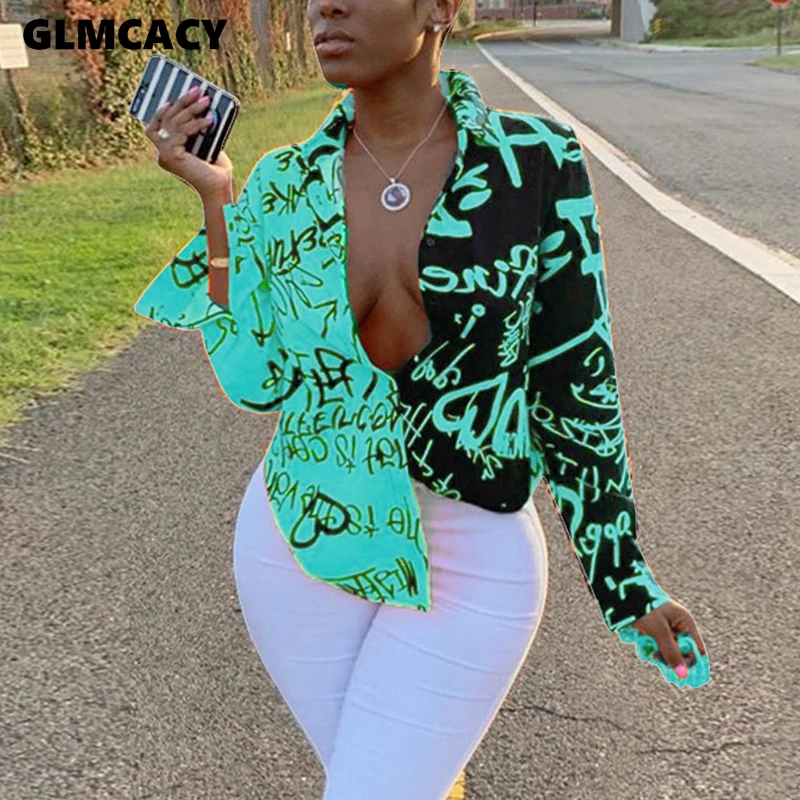  Women Plus Size Letter Printed Gradient Color Turn Down Collar Long Sleeve Blouse Spring Fall Fashi