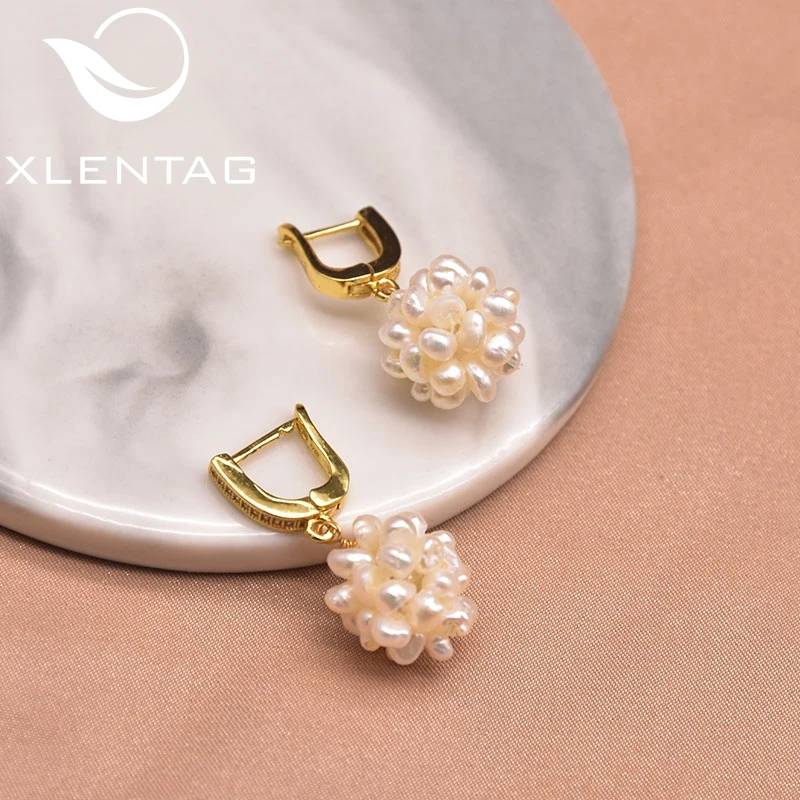 Xlentag Freshwater Pearl Flower Ball Zirconium Plated Brass 18K Gold Earrings Ladies Birthday Party Luxury Gift Jewelry GE1048