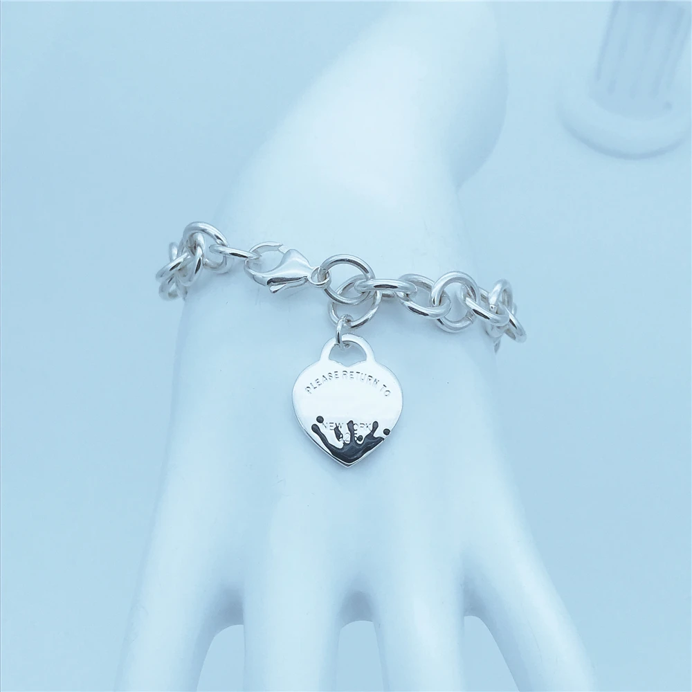 

TIF 925 Sterling Silver Bracelet, Classic Chain Original Charm Black Heart Shape Pendant Jewelry Free Shipping