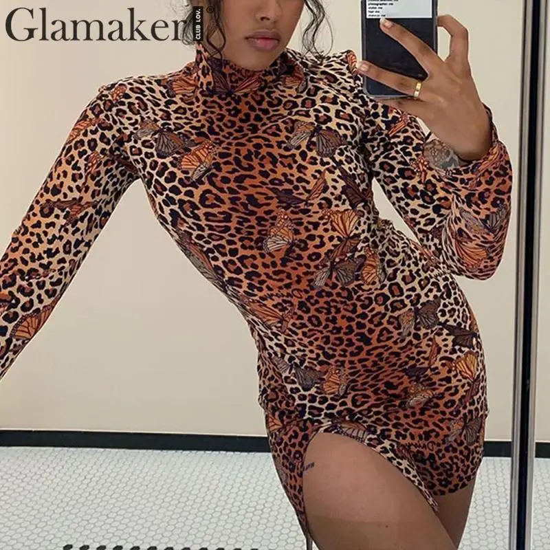 

Glamaker Sexy leopard print split bodycon mini dress Turtle neck long sleeve knitted dress Female autumn winter party club dress