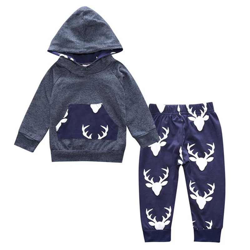 

2019 Autumn Infant Baby Boys Girl Clothes Cotton Long Sleeve Christmas Deer Hoodie Tops+Pants 2PCS Baby Boy Girls Clothing Sets