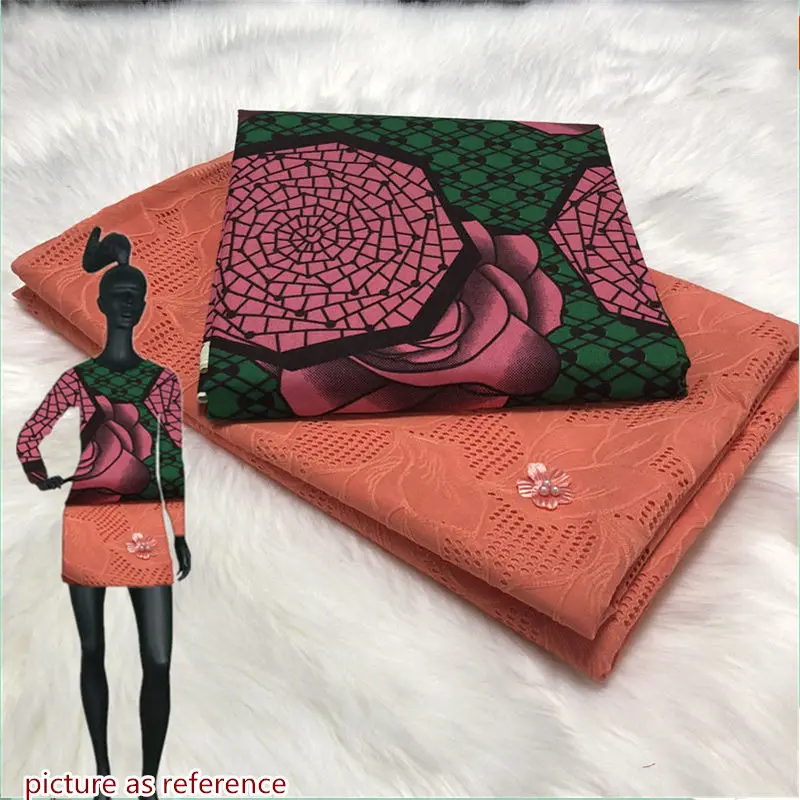 

3+2.5Yards Polyester Ankara Nigeria Wax Print Fabric and HIgh Quality Polyester Swiss Voile Lace with Applique AWS30