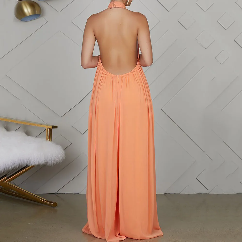 women halter long jumpsuits summer 2020 sexy party backless wide legs rompers jumpsuits white chiffion loose jumpsuits