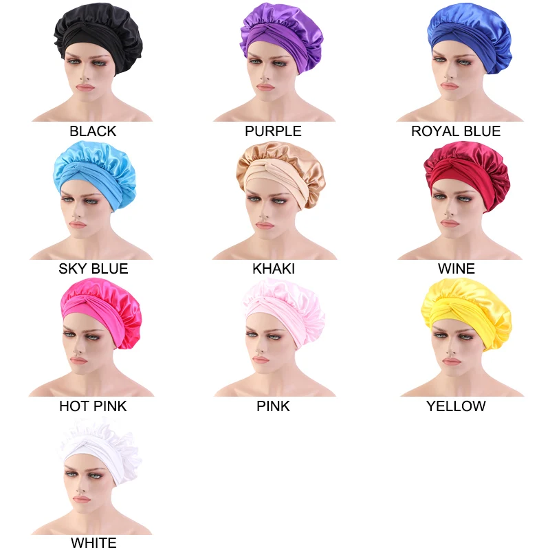 hair clips for women Solid Satin Bonnet with Wide Stretch Ties Long Hair Care Women Night Sleep Hat Adjust Hair Styling Cap Silk Head Wrap Shower Cap Women's Hair Accessories