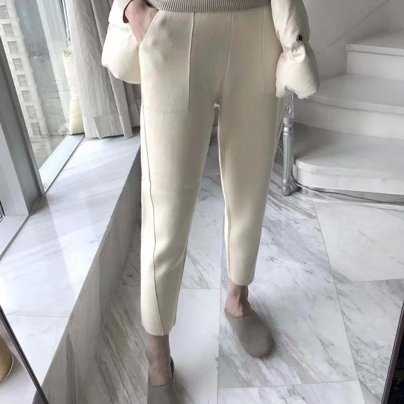 High-end Knitted Thick Warm  Cashmere Pants Women Harem Pants Autumn WinterSolid Peg Leg Fly Pants Workwear Carrot Trouser slacks Pants & Capris