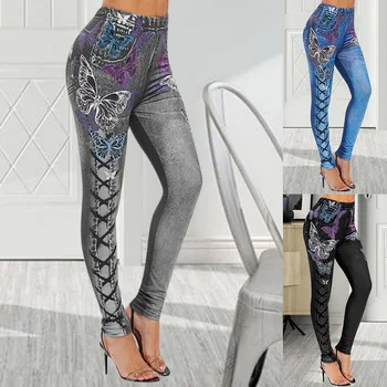 

Women's High Waist Floral Print Imitation Fake Jeans Slim Fit Casual Leggings Skinny Seamless Leggings Elastic Leggings