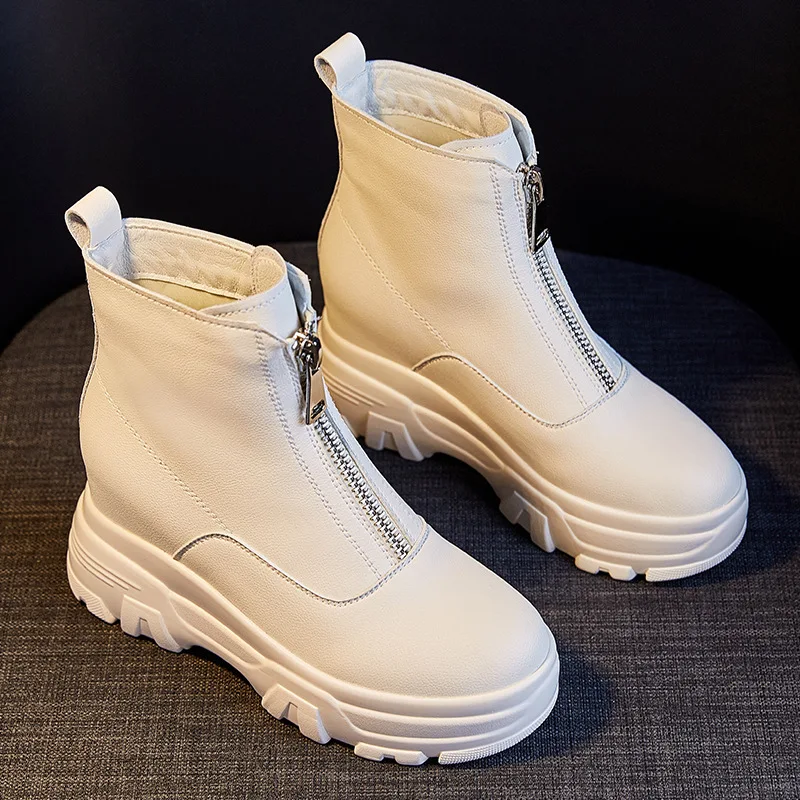 2019 Autumn and Winter New 8CM with High-thick Leather Women's Boots Front Zipper Booties | Обувь