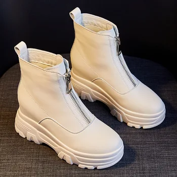 

2019 Autumn and Winter New 8CM with High-thick Leather Women's Boots Front Zipper Women's Booties