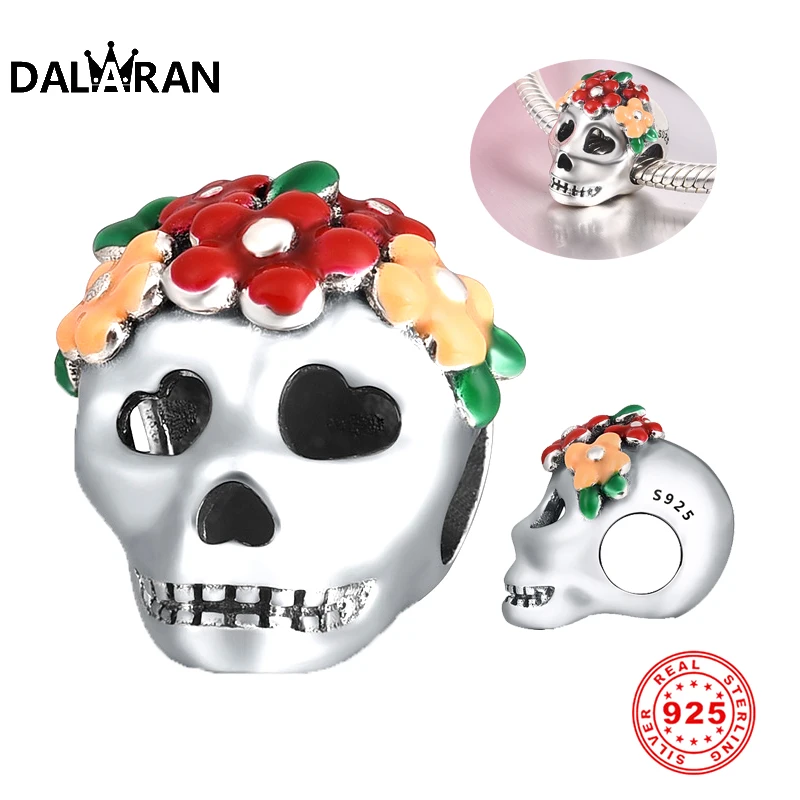 

DALARAN New Halloween Flower Skull Charm 925 Sterling Silver Colorful Red And Yellow Blossom Skeleton Beads Fit Pandora Bracelet