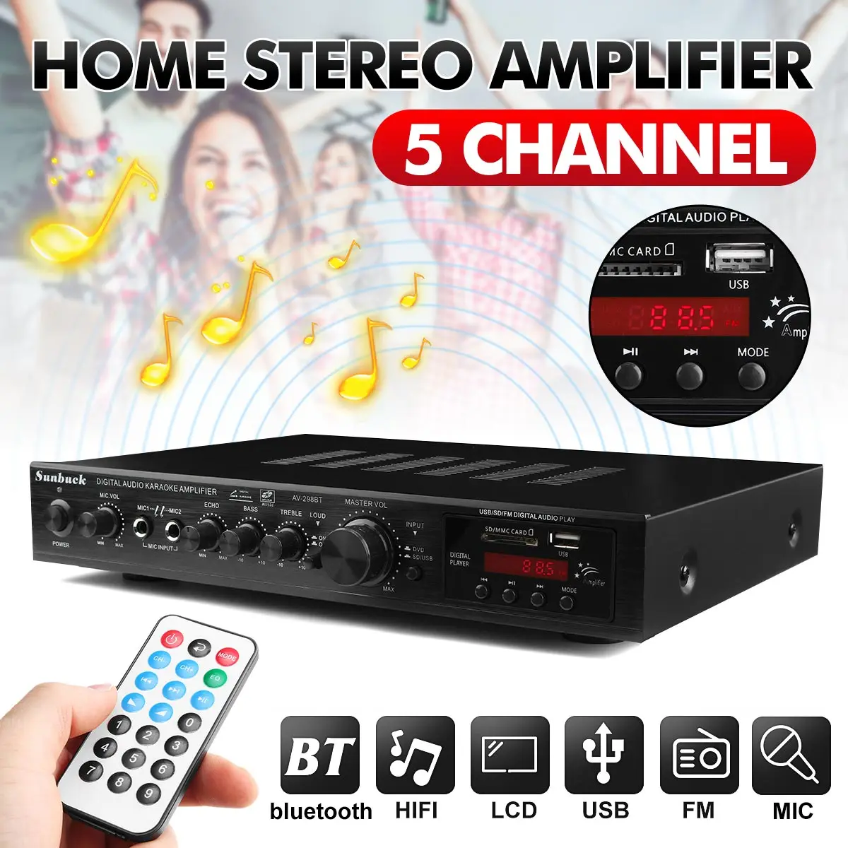 Sunbuck-amplificador Digital Bluetooth Estéreo Usb av Poder Surround 298bt Alta Resolução Áudio Player Subwoofer Led - Image 3