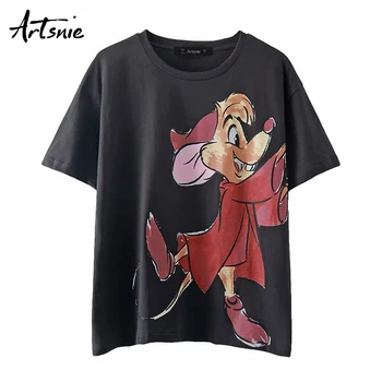 

Artsnie streetwear cartoon print women t shirt summer 2020 o neck short sleeve oversized tops female casual dark gray t-shirt