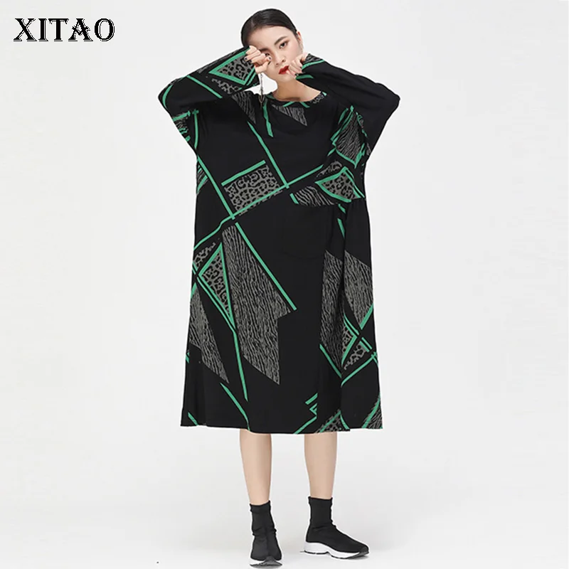 XITAO уличная винтажная Женская одежда с геометрическим леопардовым принтом, платья контрастного цвета, большие размеры, осенняя одежда, WLD2866