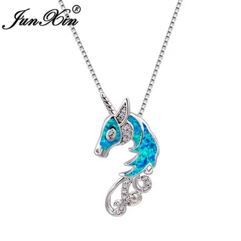 

Cute Animal Horse Pendant Blue White Fire Opal Necklaces For Women 925 Silver Color Rainbow Birthstone Wedding Necklace Jewelry