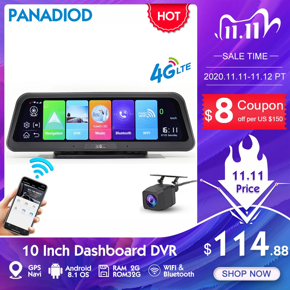 Автомобильный видеорегистратор Android 10 дюймов 4G для зеркала заднего вида Wi Fi HD