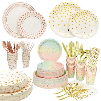 

Colorful Gradient Rose Gold Dots Paper Napkins Plates Dessert Cup Birthday Party DecorationsDisposable Tableware Wedding Layout