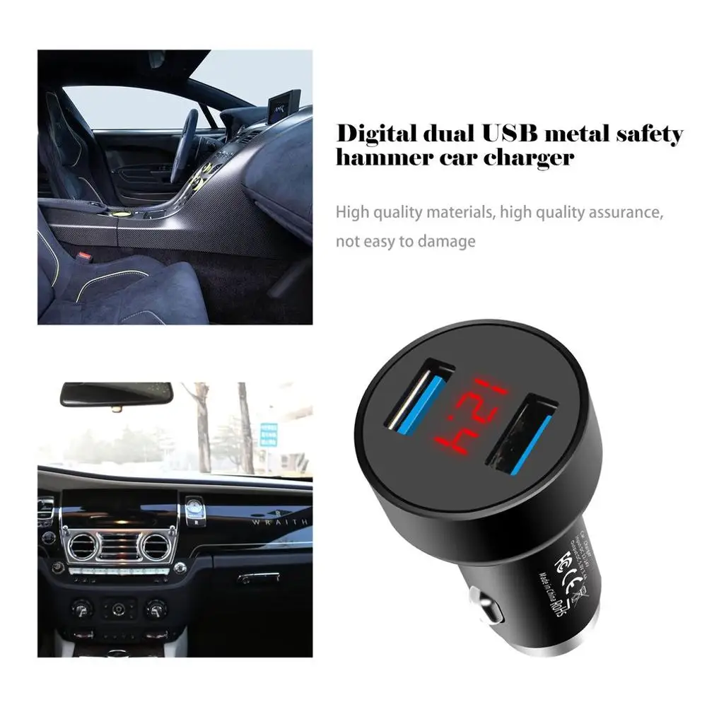 Мини Автомобильное зарядное устройство 3.4A двойной USB металлический молоток автомобильное зарядное устройство алюминиевый сплав автомобильное зарядное устройство с цифровым дисплеем