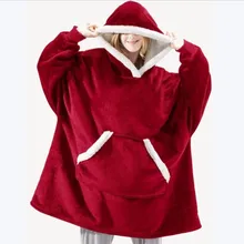 Women Winter Fleece Pajamas Hooded Blankets With Sleeves Plush Sweatshirt Blanket Outdoor Cold Proof Nightgown Sweater Warm Coat