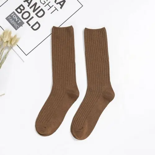 3Pairs/lot=6Pieces Autumn Solid Color Double Needle Vertical Stripes Long Socks Female Cotton Thickening Woman Winter Socks - Цвет: Coffee F