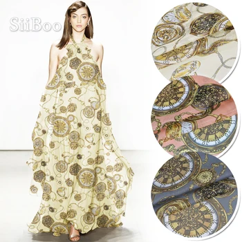 

Vintage style clock print 100% natural silk chiffon fabric for beach dress pure silk tissu tecidos stoffen fabrc 6mm SP5347