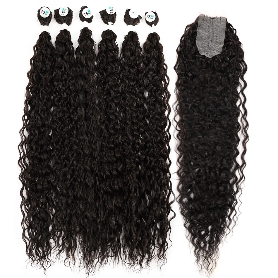 Synthetic Bundles With Closure Afro Curls Curly Organic Hair Weaving Natural Hair Extension Curly Bundles Natural Weave 6+1