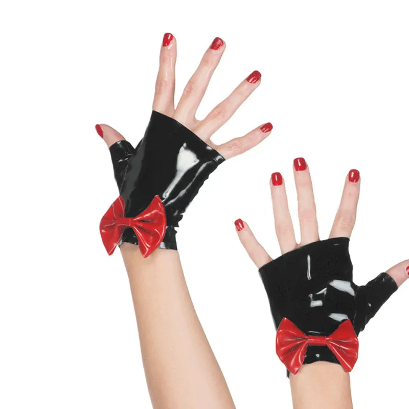 

Rubber Latex Women Men Mittens With Bowknot Without Fingers Gloves Handmade Clothing S-LA059