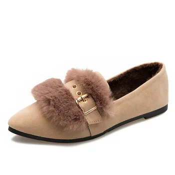 

Autumn and winter casual single shoes female metal belt buckle fur shoes female shallow mouth plus velvet warm women's shoes