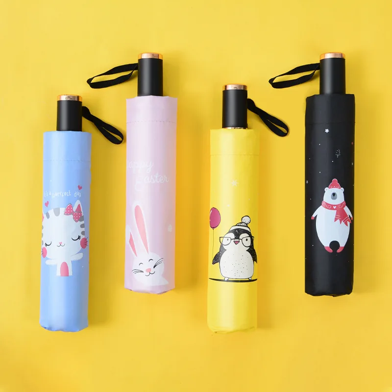 

Yu bao Creative Long Version Parasol Vinyl Black Umbrella Sun-resistant Dual Purpose Cartoon Three Fold Customizable Umbrella Wh