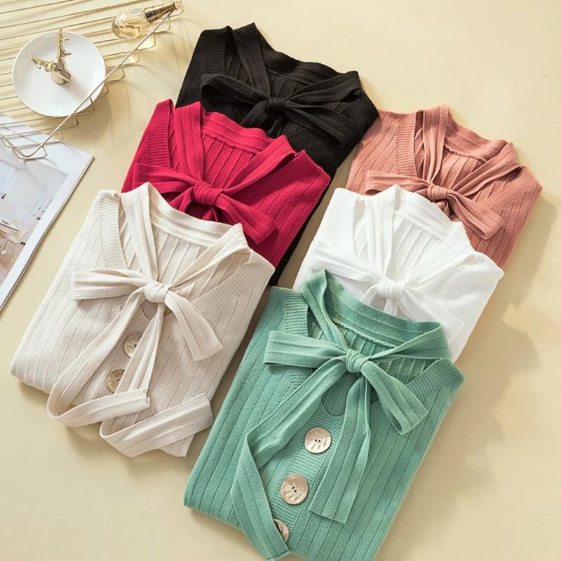 

Shintimes 2019 Autumn Winter Elasticity Casual Jumper Knitted Sweater Female Long Sleeve Pullovers Fashion Bow Warm Sweaters